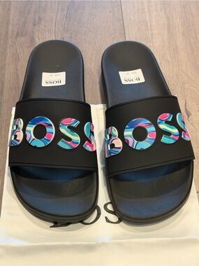 Boss Black Slide Sandals with Multicolor Swirl Logo